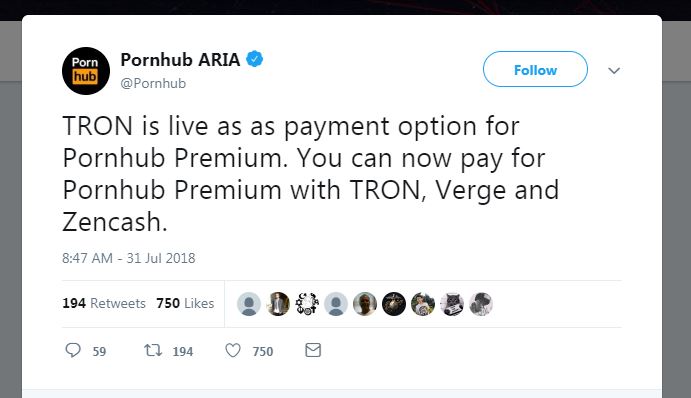 Pornhub 宣佈與更多加密貨幣合作　Tron、ZenCash 加盟